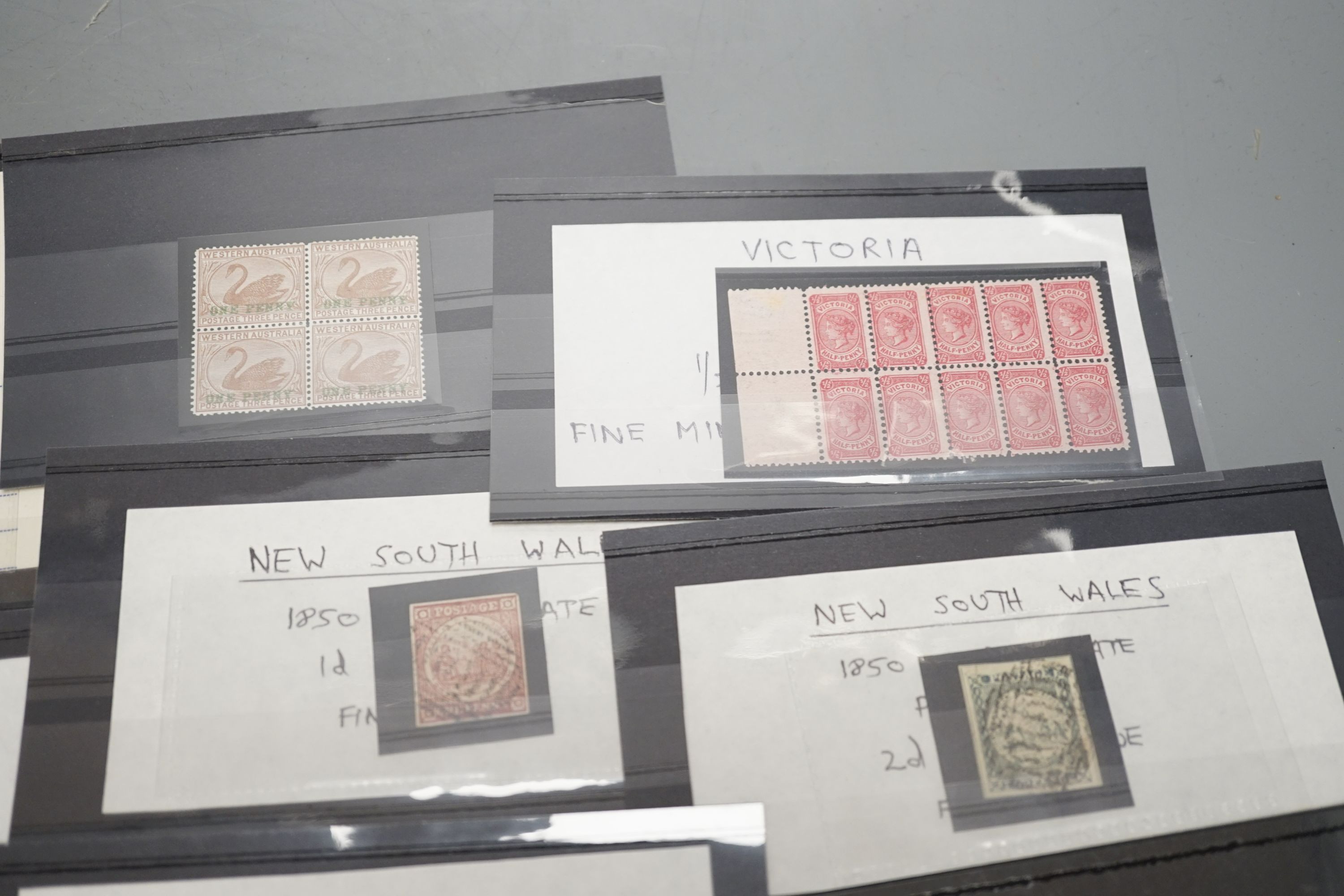 Australian States - NSW 1850 1d and 2d used, Queensland 1907 6d green imperf. plate proof pair, Tasmania 1891 6d dull claret mint block of four (and certificate), Western Australia 1854 1d black swan and 1861 6d deep sag
